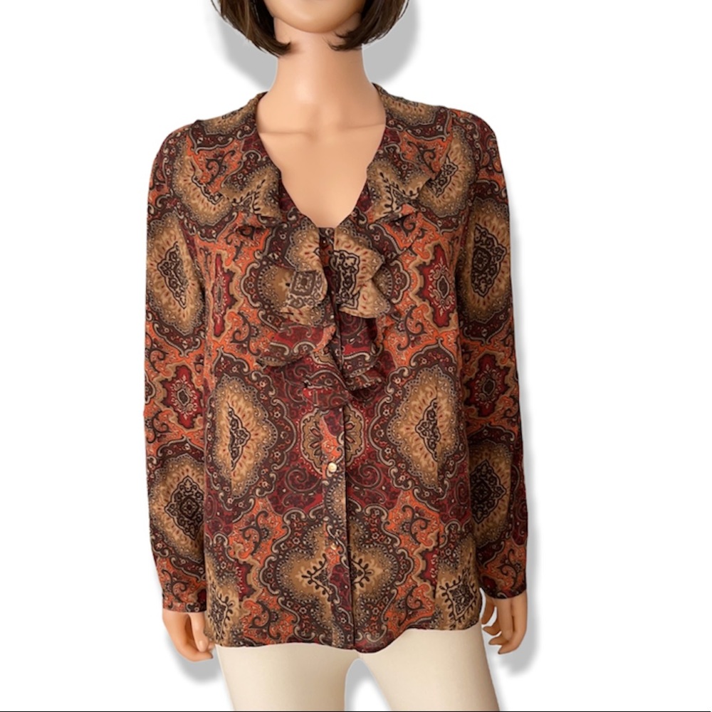Talbots brown paisley silk blouse